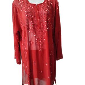 Beautiful Red Beaded Sheer Kurta